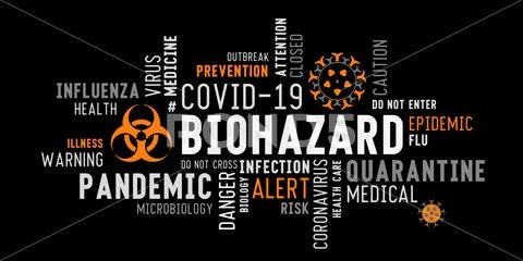 Biohazard word tag cloud typography on a black background.: Graphic