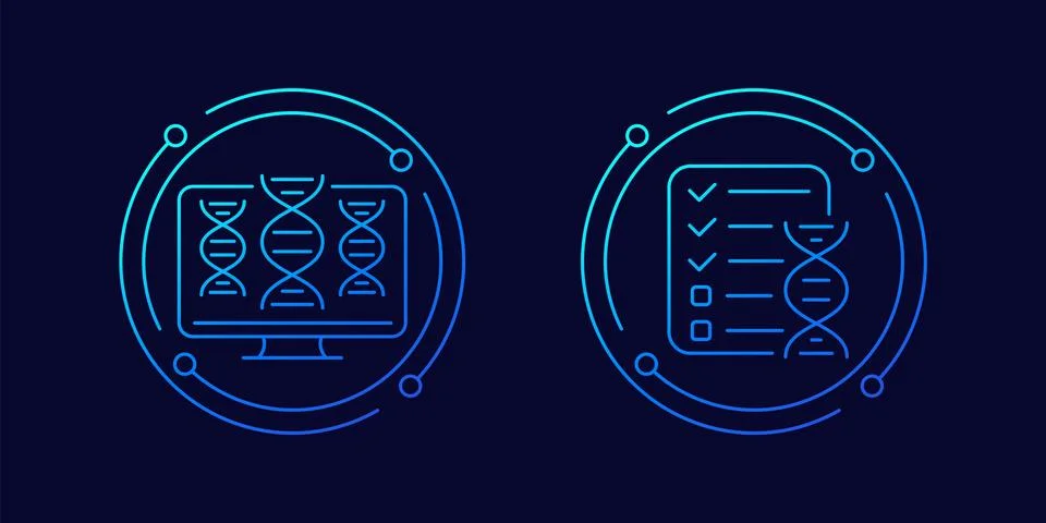 Bioinformatics icons, analysis of genetic data and dna, linear design Ilustración de archivo