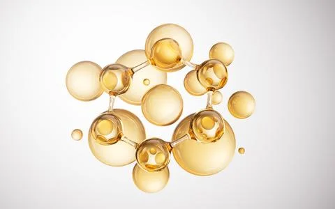 Biological golden molecule with bubble background, 3d rendering. Stock Illustration