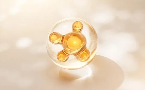 Biological golden molecule with bubble background, 3d rendering. Stockillustratie