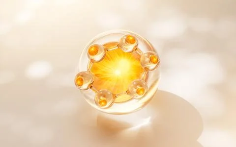 Biological golden molecule with bubble background, 3d rendering. Stock Illustration