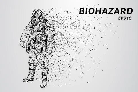 The biological hazard of particles. Man in protective suit consists of dots a Illustrazione stock