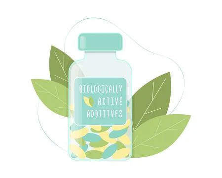 Biologically Active Additives BAA Dietary supplements, bottle with set of Stock Illustration