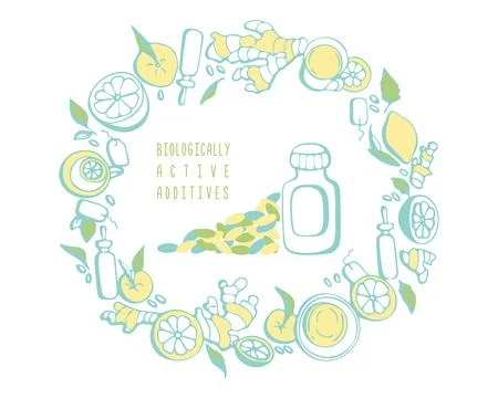 Biologically Active Additives BAA Dietary supplements, bottle with set of Stock Illustration