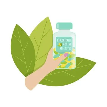 Biologically active additives female hand holds bottle with dietary supplements Illustrazione stock