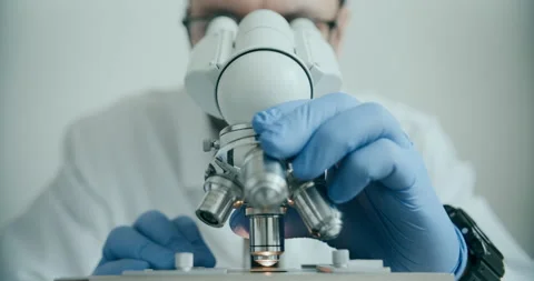 Biologist in Blue Gloves Conducting Microscope Research in Lab Stock Footage 308859872