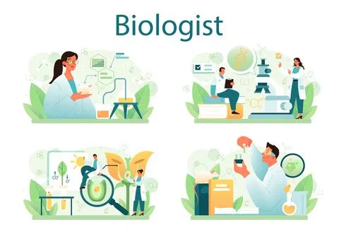 Biologist concept set. Scientist make laboratory analysis of life system Stock Illustration