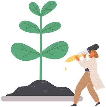 Biologist conducting experiment with plant sample. Research with tree sprout and Illustrazione stock