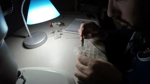 Biologist examining insect samples at night Video stock 150273586