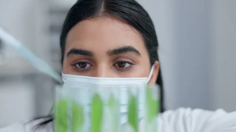 Biologist growing plants in test tubes for an experiment on carbon capture. One Stock Footage 254875668