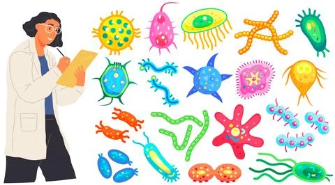 Biologist making notes during study of microorganisms. Scientist makes 库存插图