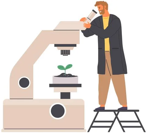 Biologist studies plant cell with microscope. Biological research with Illustrazione stock