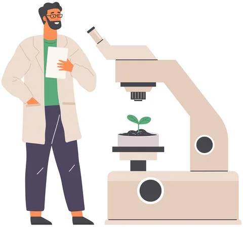 Biologist studies plant cell with microscope. Biological research with Stock Illustration