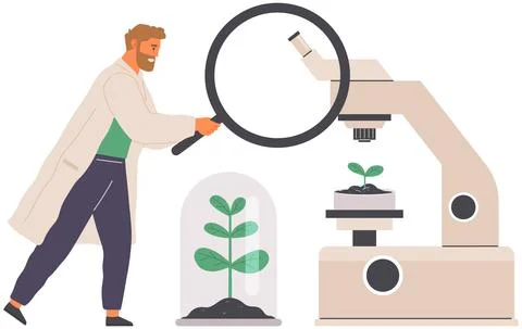 Biologist studies plant cell with microscope. Biological research with Stock Illustration