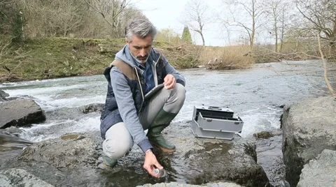 Biologist testing quality of natural water Stock Footage