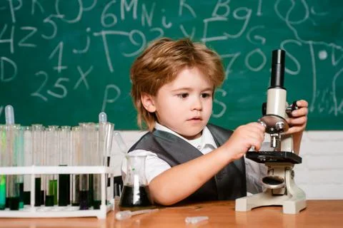Biology experiments with microscope. September 1. Education. School concept Stock Photos