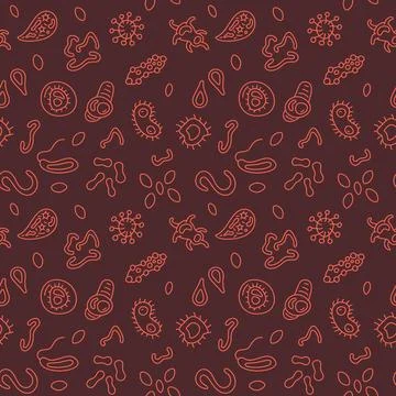 Biology Microbes vector Bioengineering concept red outline seamless pattern 스톡 일러스트