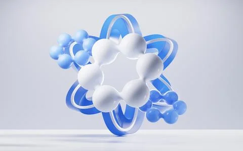 Biology molecules with blue curve frame background, 3d rendering. Stock Illustration