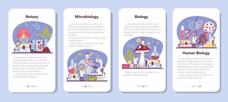 Biology science mobile application banner set. Scientist make Illustration