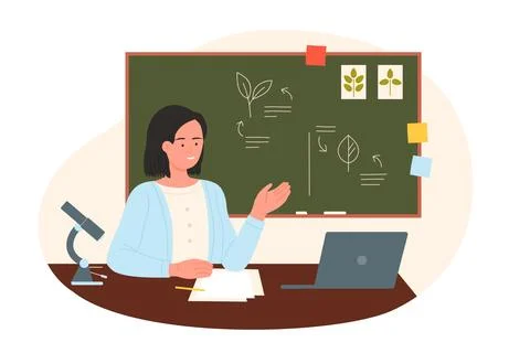 Biology teacher sitting at table with microscope and laptop at school green Illustrazione stock