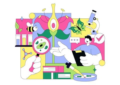 Biology Vector Illustration Featuring DNA Gene Molecule, Virus, Genetic Bio.. Stock Illustration