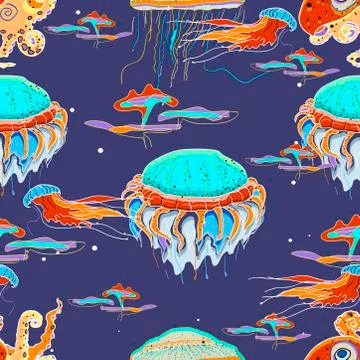 Bioluminescence deep underwater sea animals.Vector semless pattern.  Jellyfis Stock Illustration