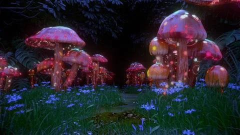 Bioluminescent mushroom forest with glowing patterns and colorful light Foto stock