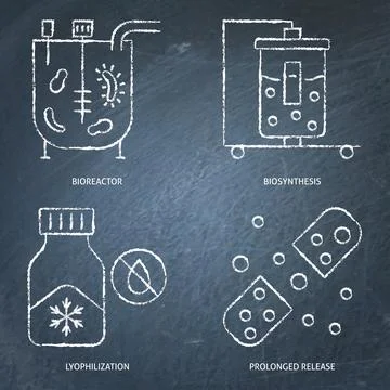 Biomanufacturing and bio technologies chalkboard icon set Stock Illustration