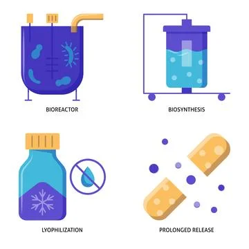 Biomanufacturing and bio technologies flat icon set Stock Illustration
