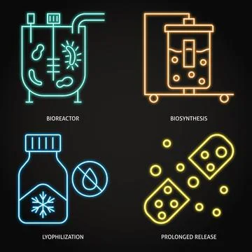 Biomanufacturing and bio technologies neon icon set Stock Illustration