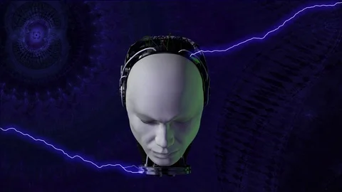 Biomechanoid Head 3D animation lightning raise head open eyes explode Stock Footage 81451659