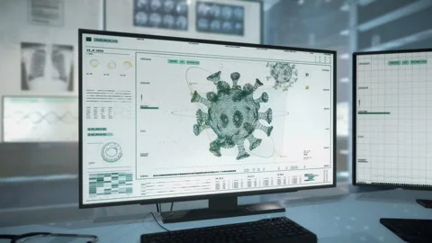 Biomedical tools. Computer screen. Data analysis software. Covid-19 detected. UI Vídeo Stock 278172401