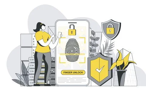 Biometric access control concept with outline people scene. Woman unlocking Illustrazione stock