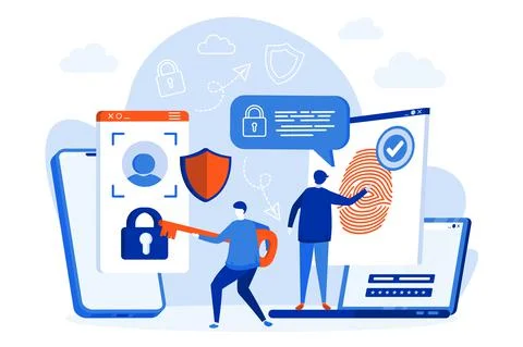 Biometric access control web design with people characters. Biometrics identi Illustrazione stock