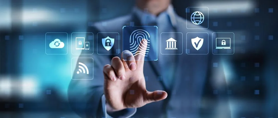 Biometric Authentication and Cybersecurity Framework Visualization. Stock-Fotos