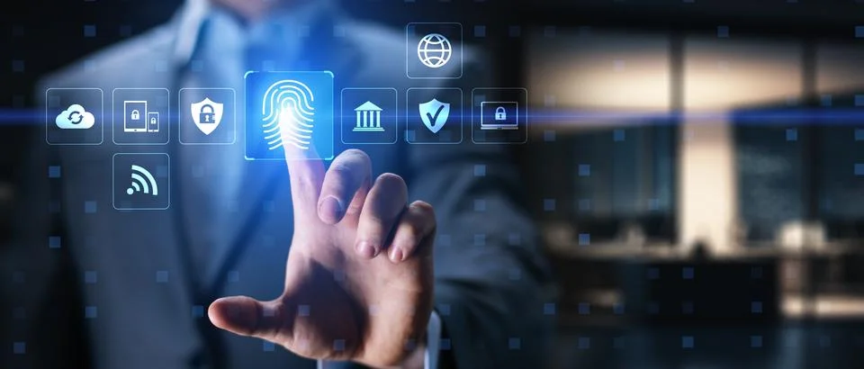 Biometric Authentication and Cybersecurity Framework Visualization. Foto stock