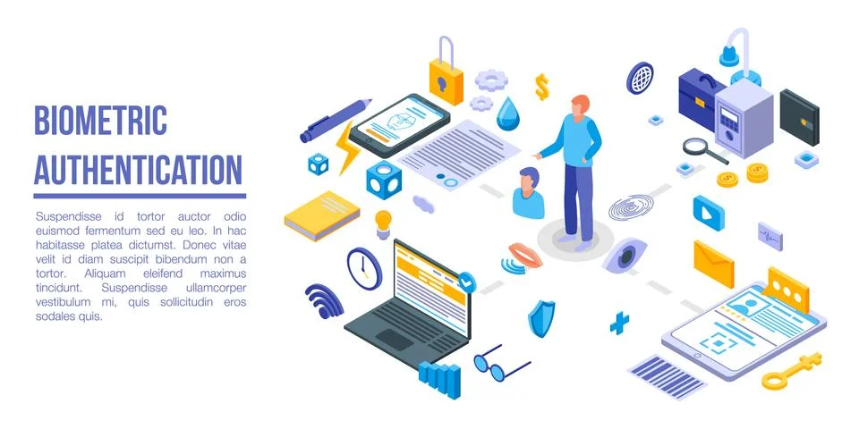 Biometric authentication concept banner, isometric style 스톡 일러스트