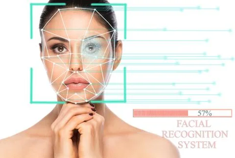 Biometric authentication concept. Facial recognition system of beautiful woman Stock Photos