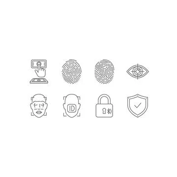 Biometric Authentication &amp; Cyber Security Icons - Fingerprint, Face, Eye Stock Illustration