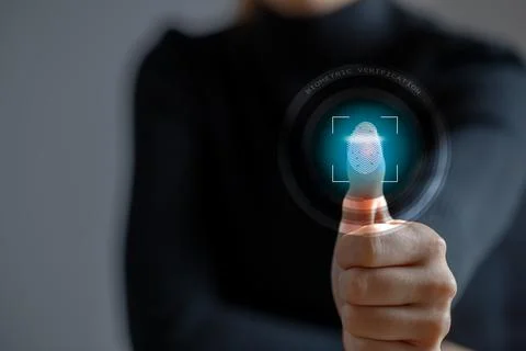 Biometric authentication by fingerprint scan concept. User scanning fingerpri Stock-Fotos