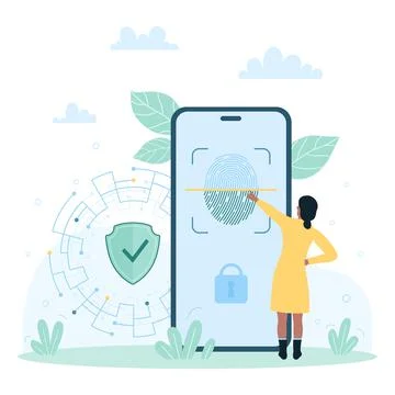 Biometric authentication, scanning fingerprint in mobile app, tiny woman Stock Illustration
