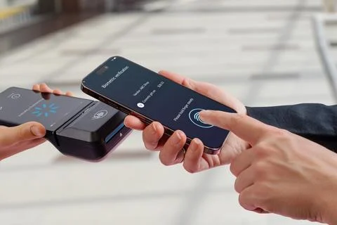 Biometric authentication on smartphone during mobile payment, showing finge.. Stock Photos