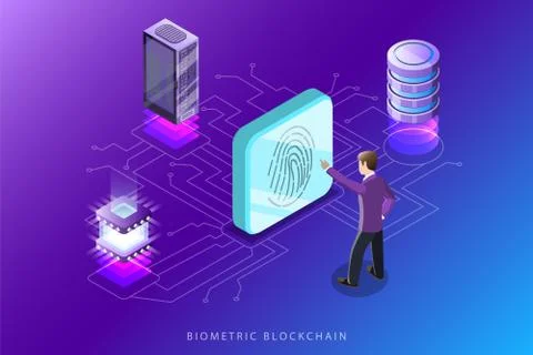 Biometric blockchain flat isometric vector concept illustration. Stock Illustration