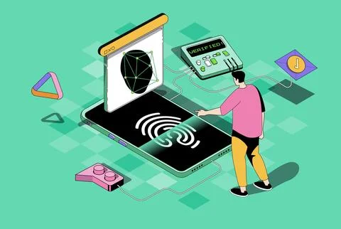 Biometric control concept in 3d isometric design. Man using secure access wit Stock Illustration