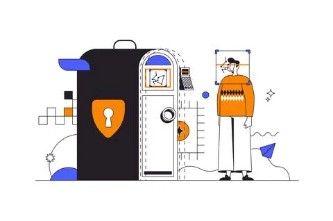 Biometric control web concept in flat outline design with character. Man us.. Stock Illustration