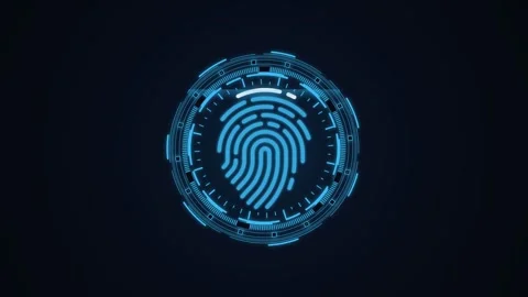 Biometric digital fingerprint scanning animation with neon interface. 4K Video stock 343265219