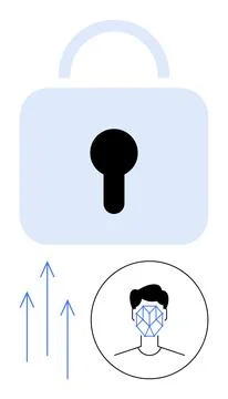Biometric face identification with large lock and arrows indicating growth or Stock Illustration