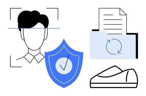 Biometric face scanning, shield with checkmark, document sync, and smart devi Stock Illustration