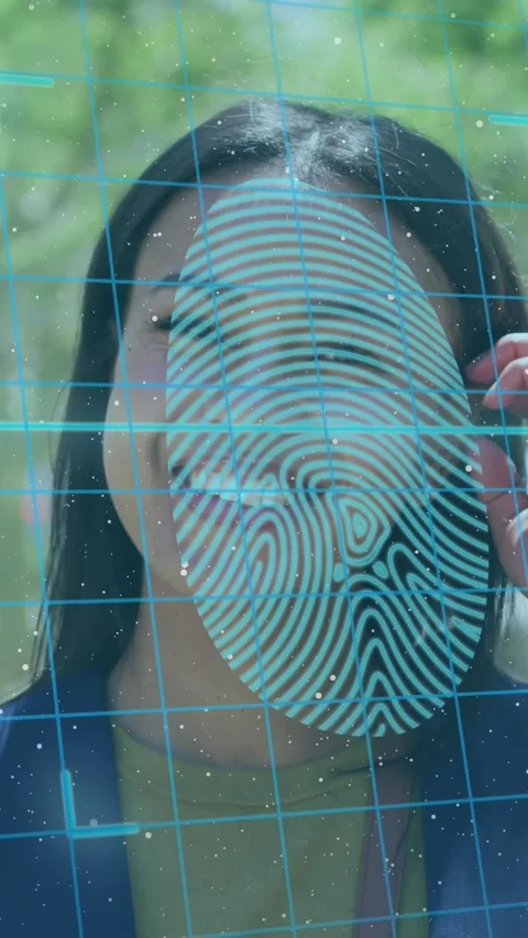 Biometric finger scanner and security padlock icon against african american Stock Footage 331646423