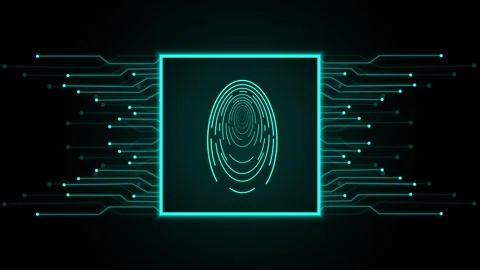 Biometric fingerprint scanner activates over a dark microchip terminal. Sec.. Stock Footage 340528379